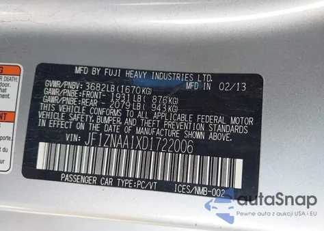 2013 Scion Fr-S из США, поврежденный, VIN JF1ZNAA1XD1722006